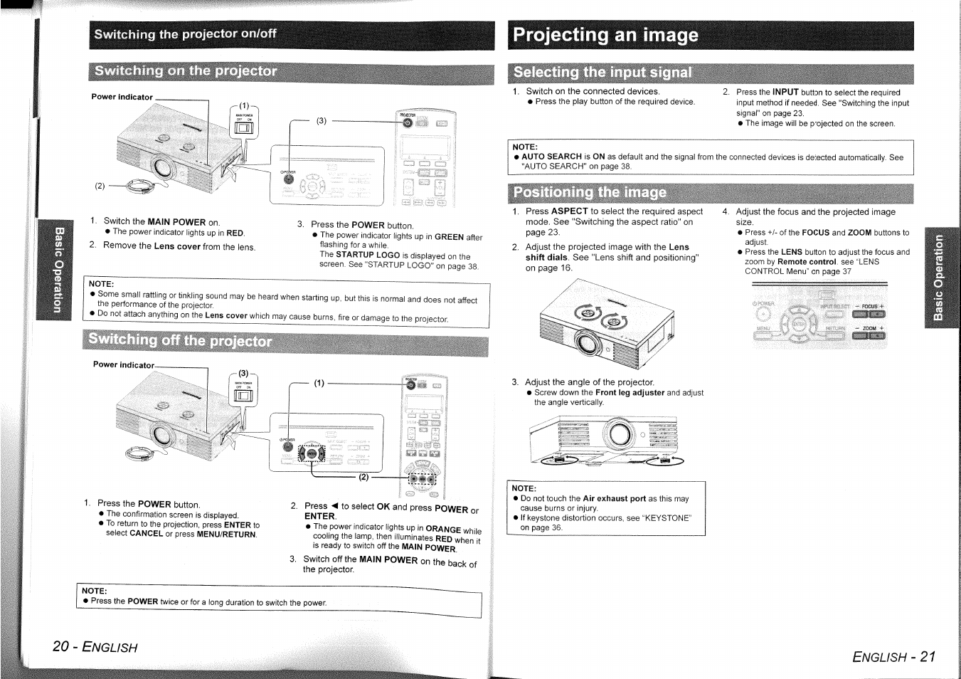 Switching the pr, Note, Projecting an image | 20 - e, Nglish | Panasonic PT-AE1000 User Manual | Page 11 / 28