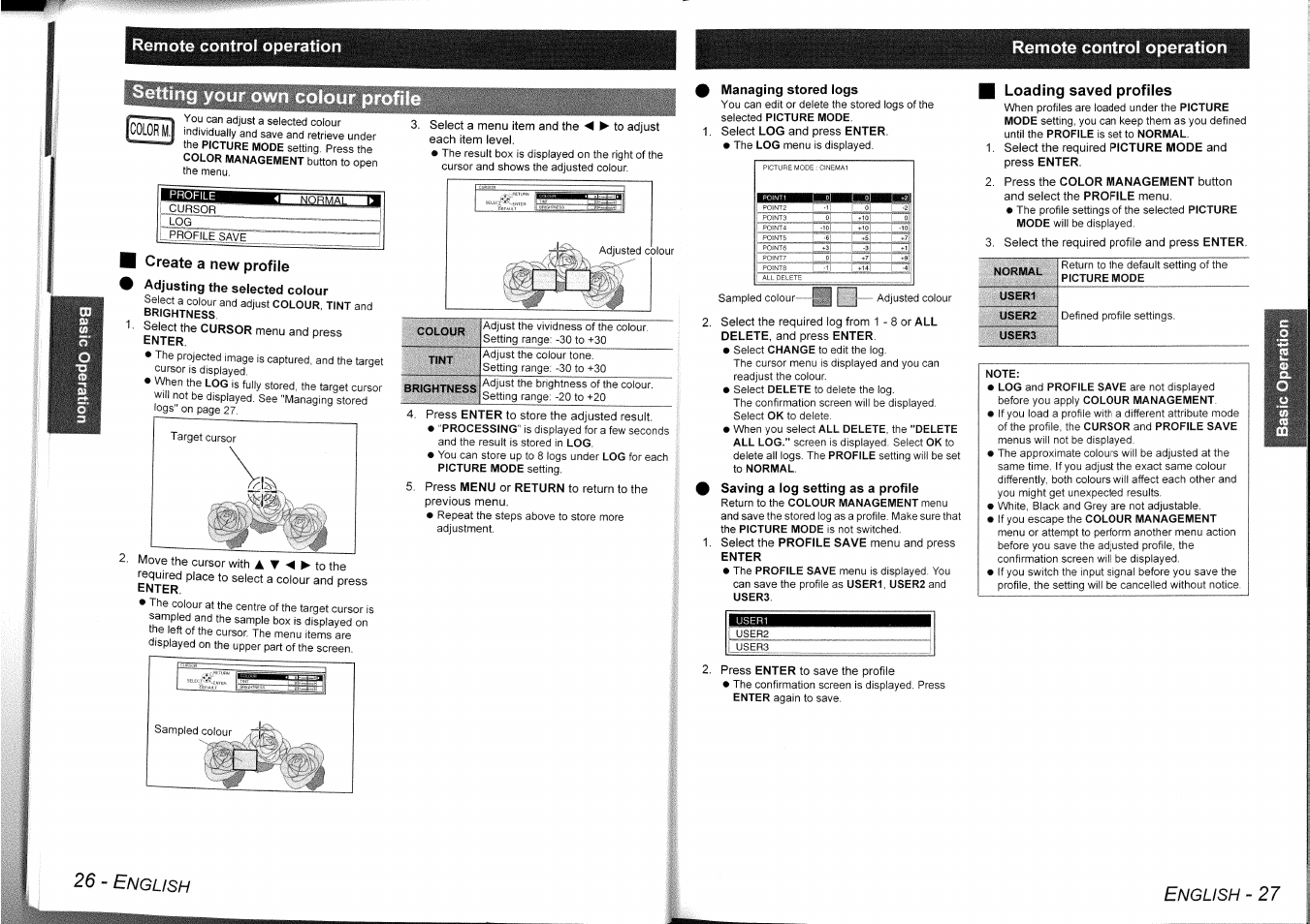 Remote control operation, Create a new profile, Adjusting the selected colour | Colour, Tint, Brightness, Managing stored logs, Saving a log setting as a profile, User1, User2 | Panasonic PT-AE1000 User Manual | Page 14 / 28