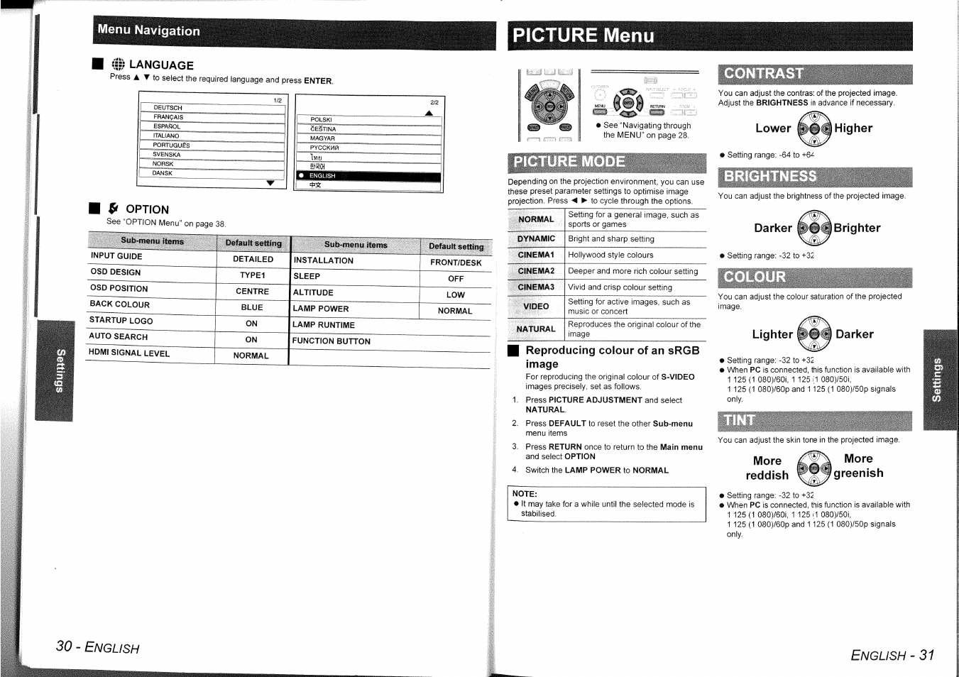 Menu navigation, Language, Lighter | Darker, More greenish, More, Reddish, Picture menu, Nglish | Panasonic PT-AE1000 User Manual | Page 16 / 28