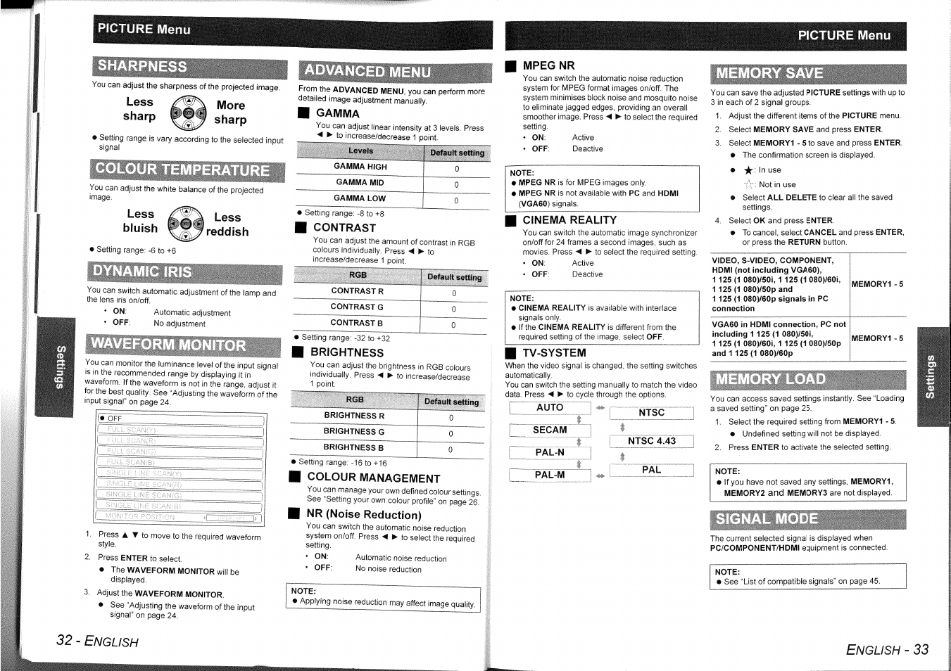 Less bluish, 32 - e, Picture menu | Nglish | Panasonic PT-AE1000 User Manual | Page 17 / 28
