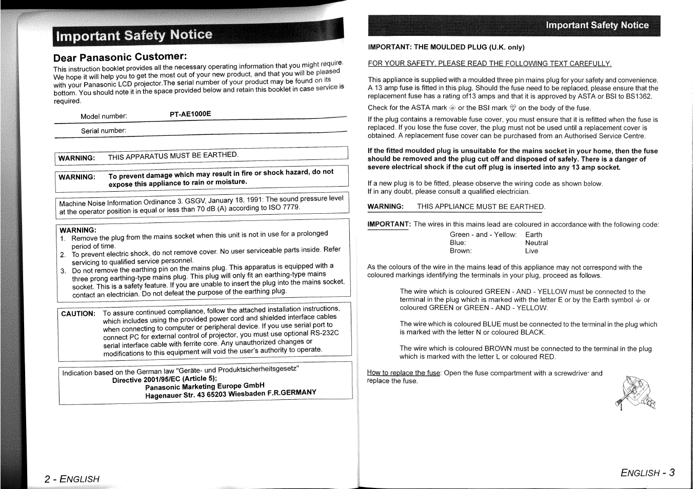 Important: the moulded plug (u.k. only), T safety notice | Panasonic PT-AE1000 User Manual | Page 2 / 28
