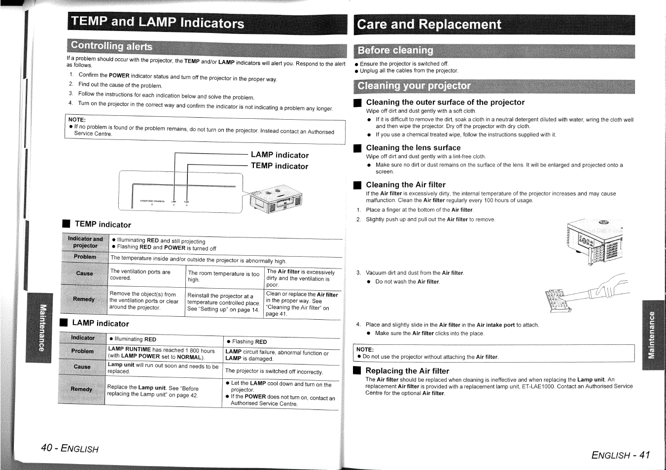 Note, Lamp indicator temp indicator, Temp indicator | I cleaning the outer surface of the projector, I cleaning the lens surface, I cleaning the air filter, Replacing the air filter, Temp and lamp indicators, Care and replacement, Nglish | Panasonic PT-AE1000 User Manual | Page 21 / 28