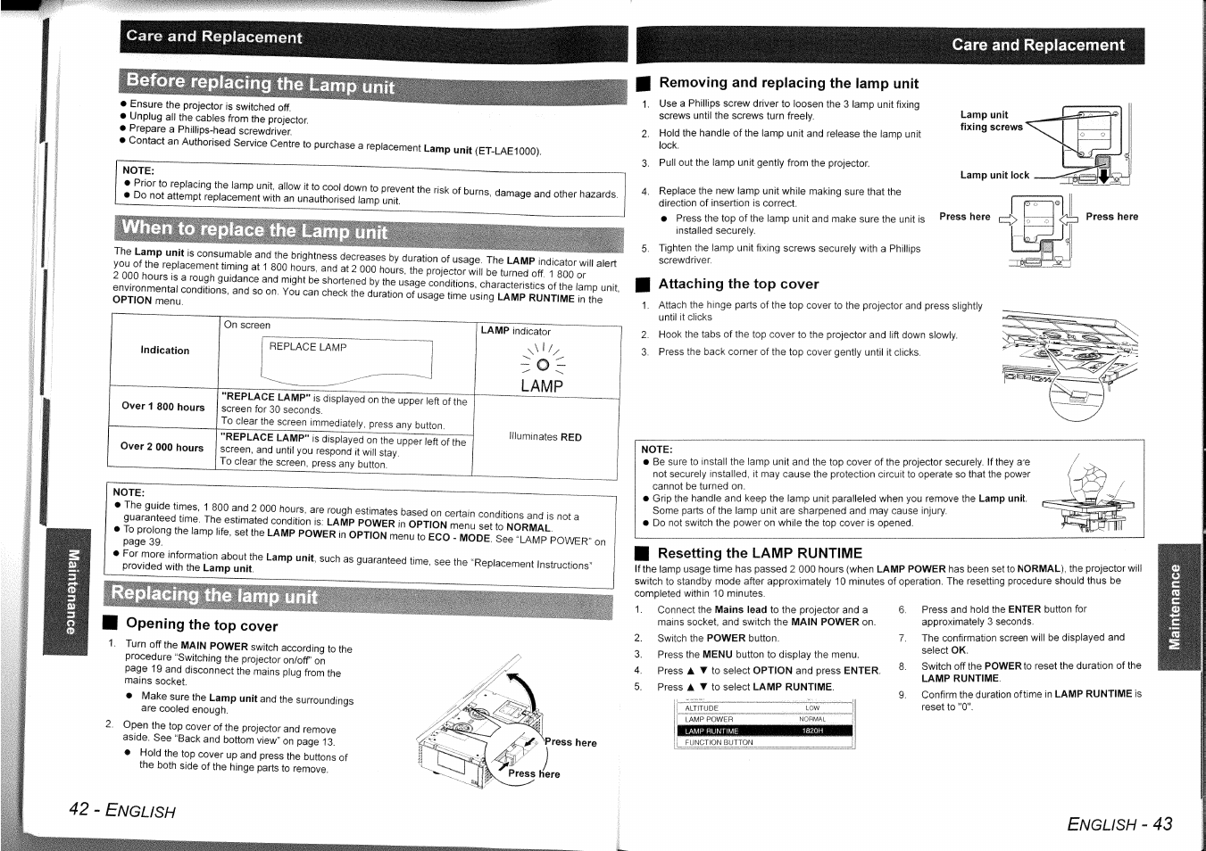 Note, Opening the top cover, I removing and replacing the lamp unit | H attaching the top cover, Resetting the lamp runtime, Before replacing the lamp unit, 42 - e, Nglish | Panasonic PT-AE1000 User Manual | Page 22 / 28