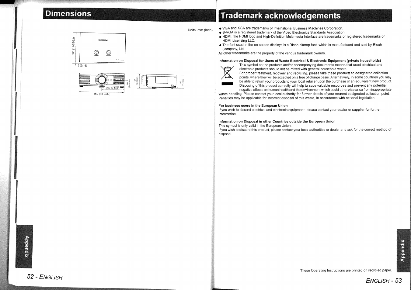 For business users in the european union, Trademark acknowledgement, Dimensions | Panasonic PT-AE1000 User Manual | Page 27 / 28