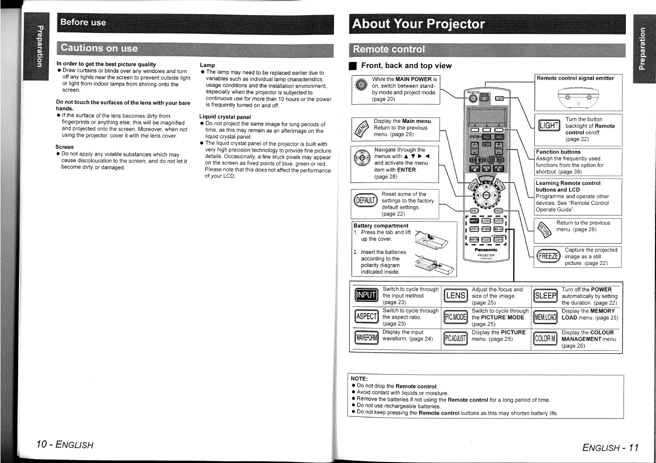 In order to get the best picture quality, Screen, Lamp | Liquid crystal panel, Front, back and top view, Battery compartment, Note, About your projecto, 10 - e, Pic.m | Panasonic PT-AE1000 User Manual | Page 6 / 28