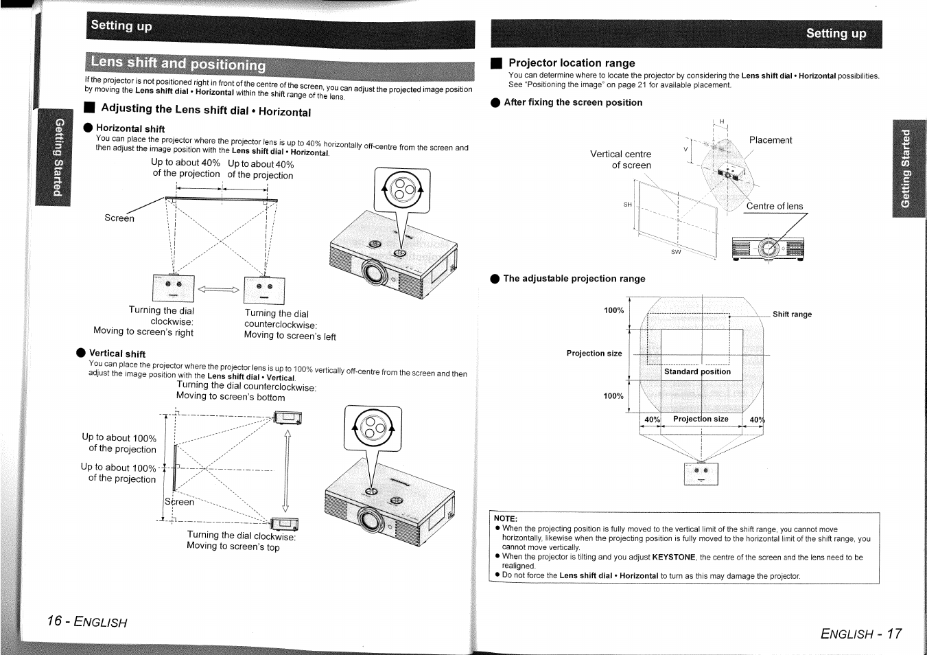 Setting up, Adjusting the lens shift dial • horizontal, Horizontal shift | I vertical shift, I projector location range, After fixing the screen position, The adjustable projection range, Note, 16 - e | Panasonic PT-AE1000 User Manual | Page 9 / 28