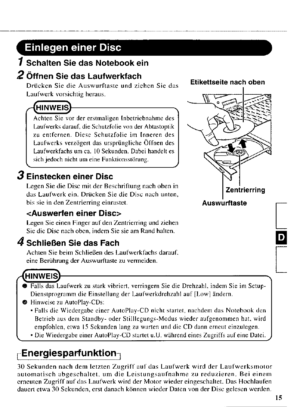 Einlegen einer disc, 1 schalten sie das notebook ein, 2 öffnen sie das laufwerkfach | 3 einstecken einer disc, Auswerfen einer diso, 4 schließen sie das fach, Penergiesparfunktion | Panasonic CF-VDR721 User Manual | Page 15 / 28