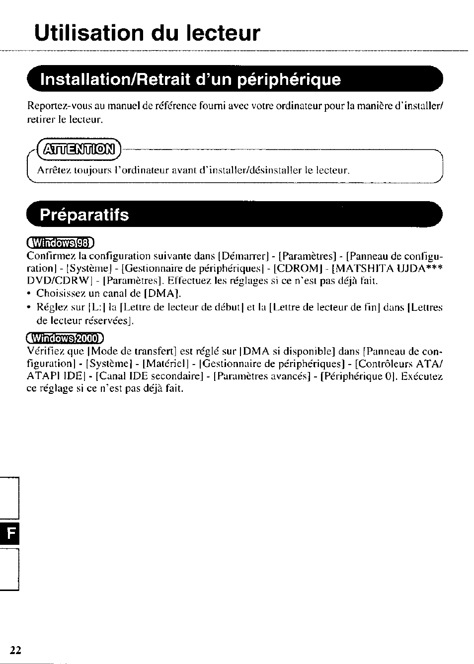 Utilisation du lecteur, Installation/retrait d’un périphérique, Préparatifs | Panasonic CF-VDR721 User Manual | Page 22 / 28