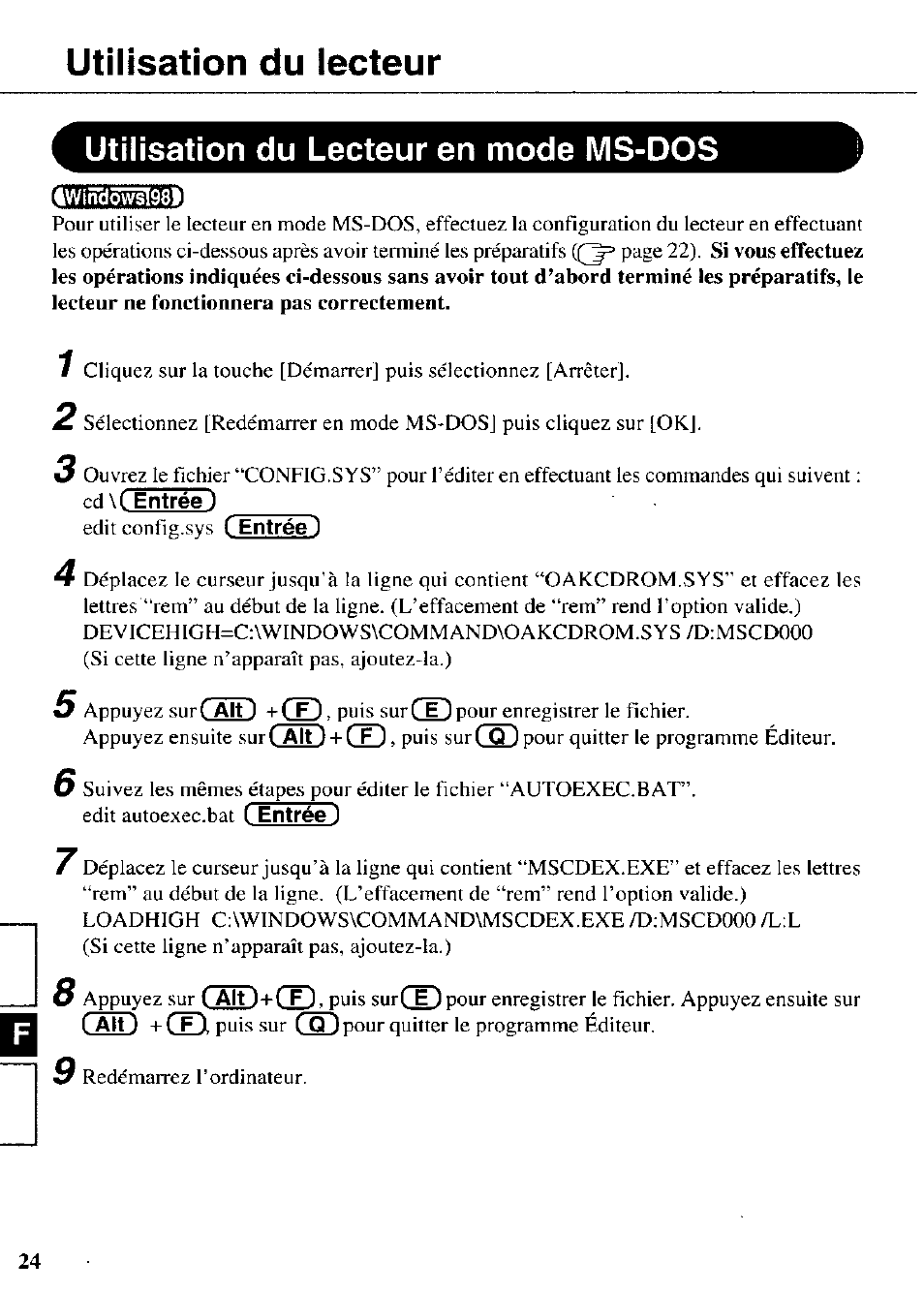 Utilisation du lecteur en mode ms-dos, Utilisation du lecteur | Panasonic CF-VDR721 User Manual | Page 24 / 28