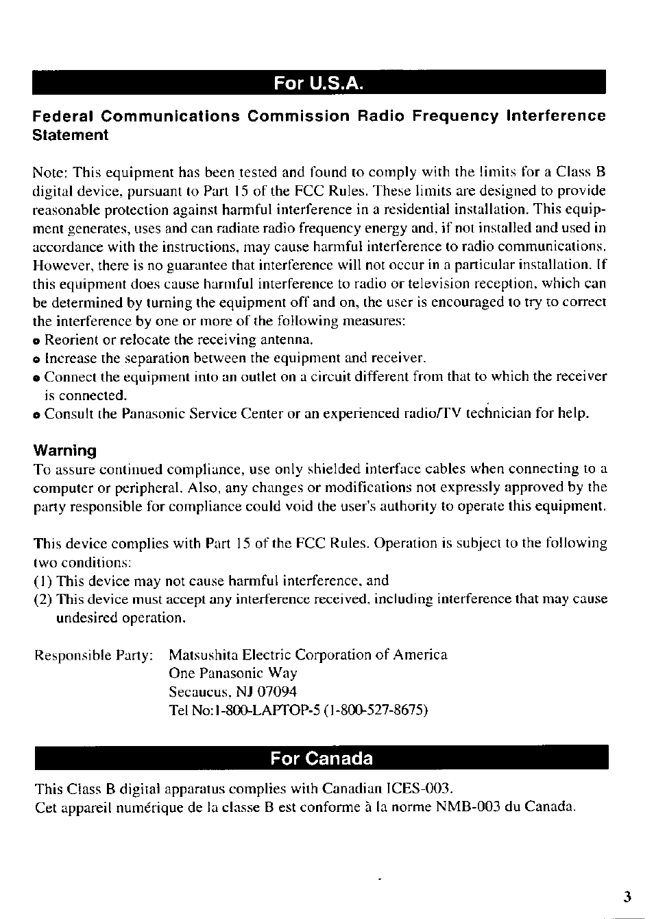 For u.s.a, For canada | Panasonic CF-VDR721 User Manual | Page 3 / 28