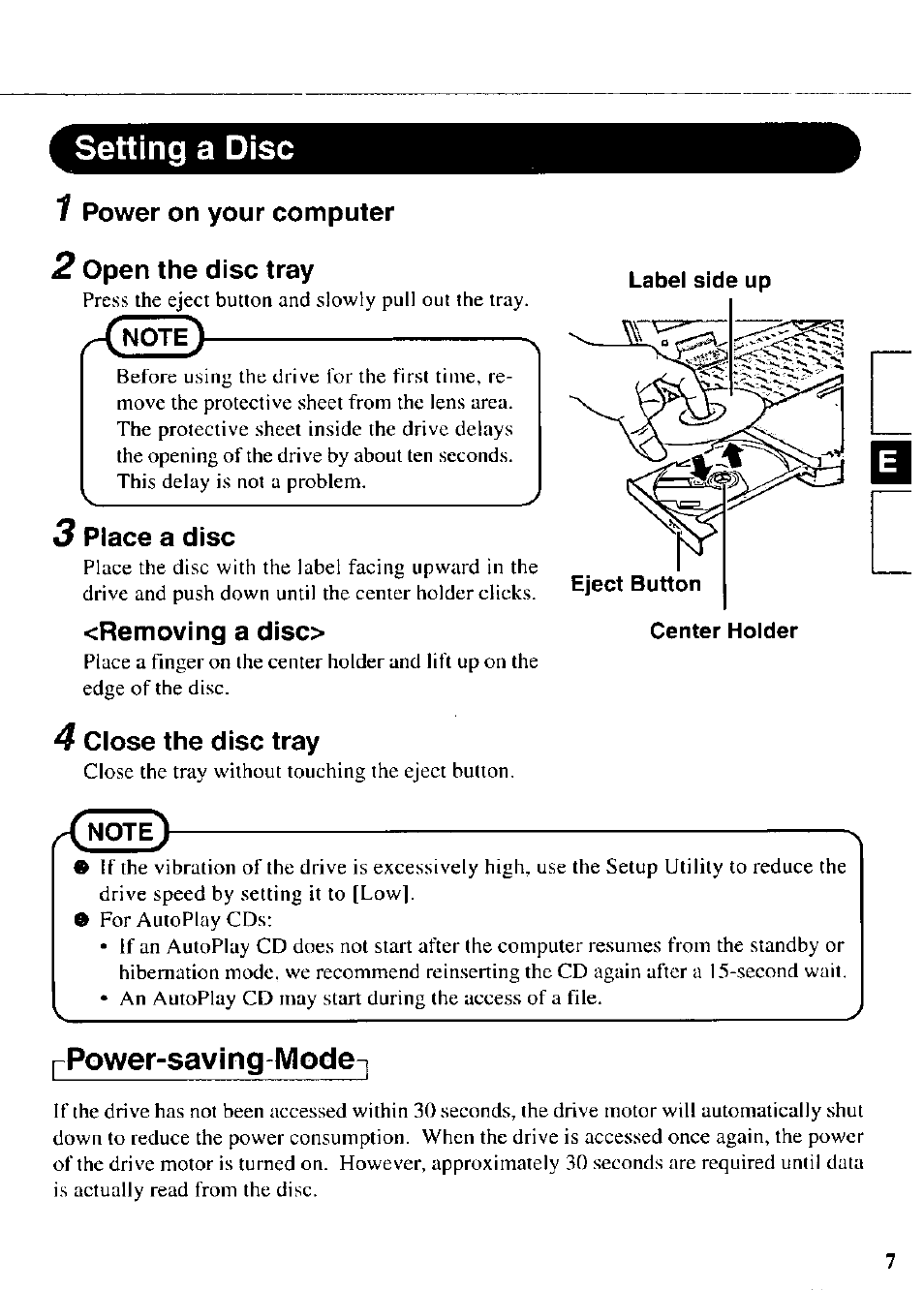 Setting a disc, 1 power on your computer, 2 open the disc tray | 3 place a disc, Removing a diso, 4 close the disc tray, Ppower-saving-mode-j | Panasonic CF-VDR721 User Manual | Page 7 / 28