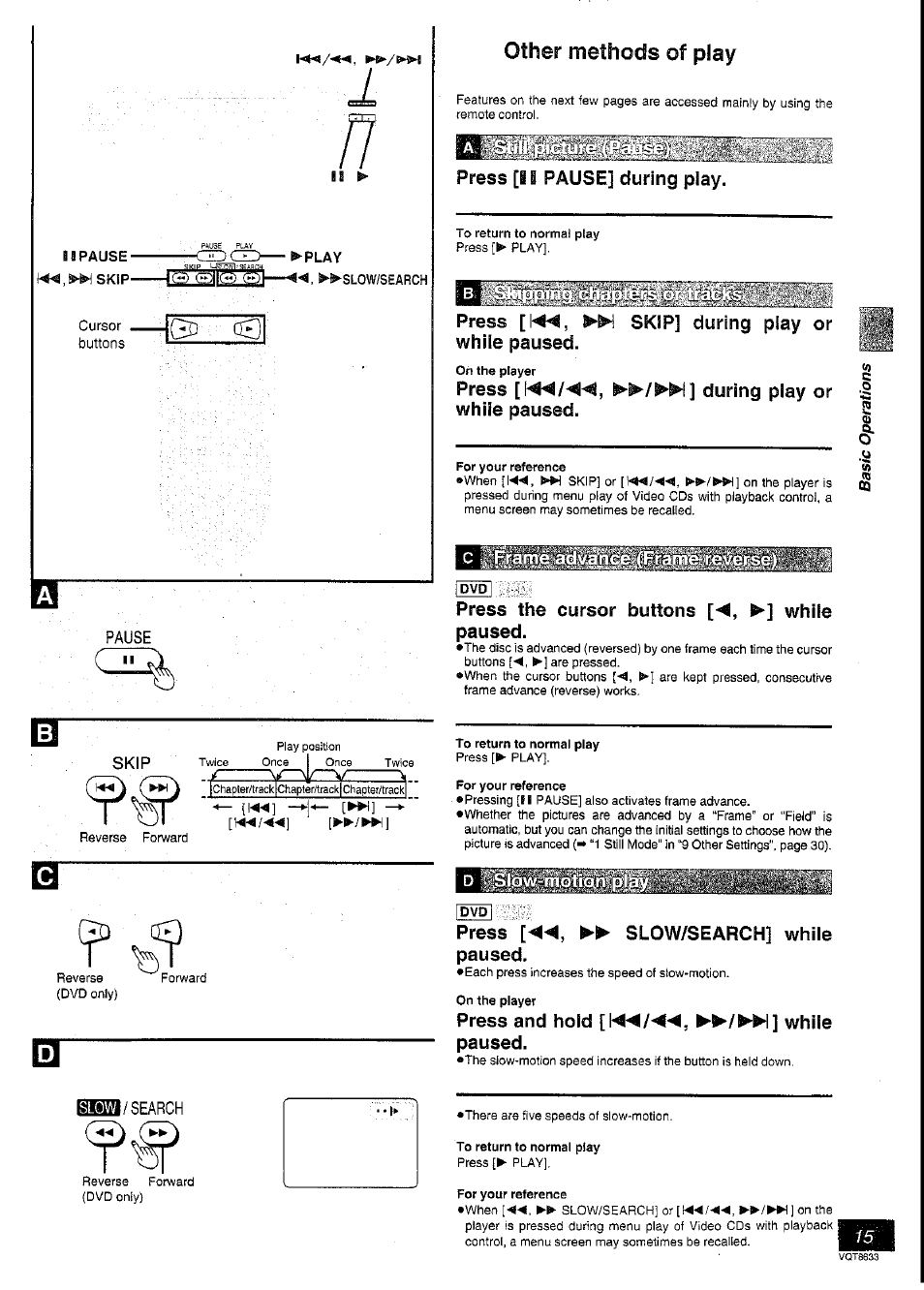 Press [ii pause] during play, Press [!◄◄, »\ skip] during play or while paused, Press during piay or | While paused, Press the cursor buttons [◄, ►] while paused, Dvd i, Press [◄◄, ►► slow/search] while paused, Press and hold [!◄◄/◄◄, ►►/►►!] while paused, Other methods of play, Press during piay or while paused | Panasonic DVD-RV40 User Manual | Page 15 / 44