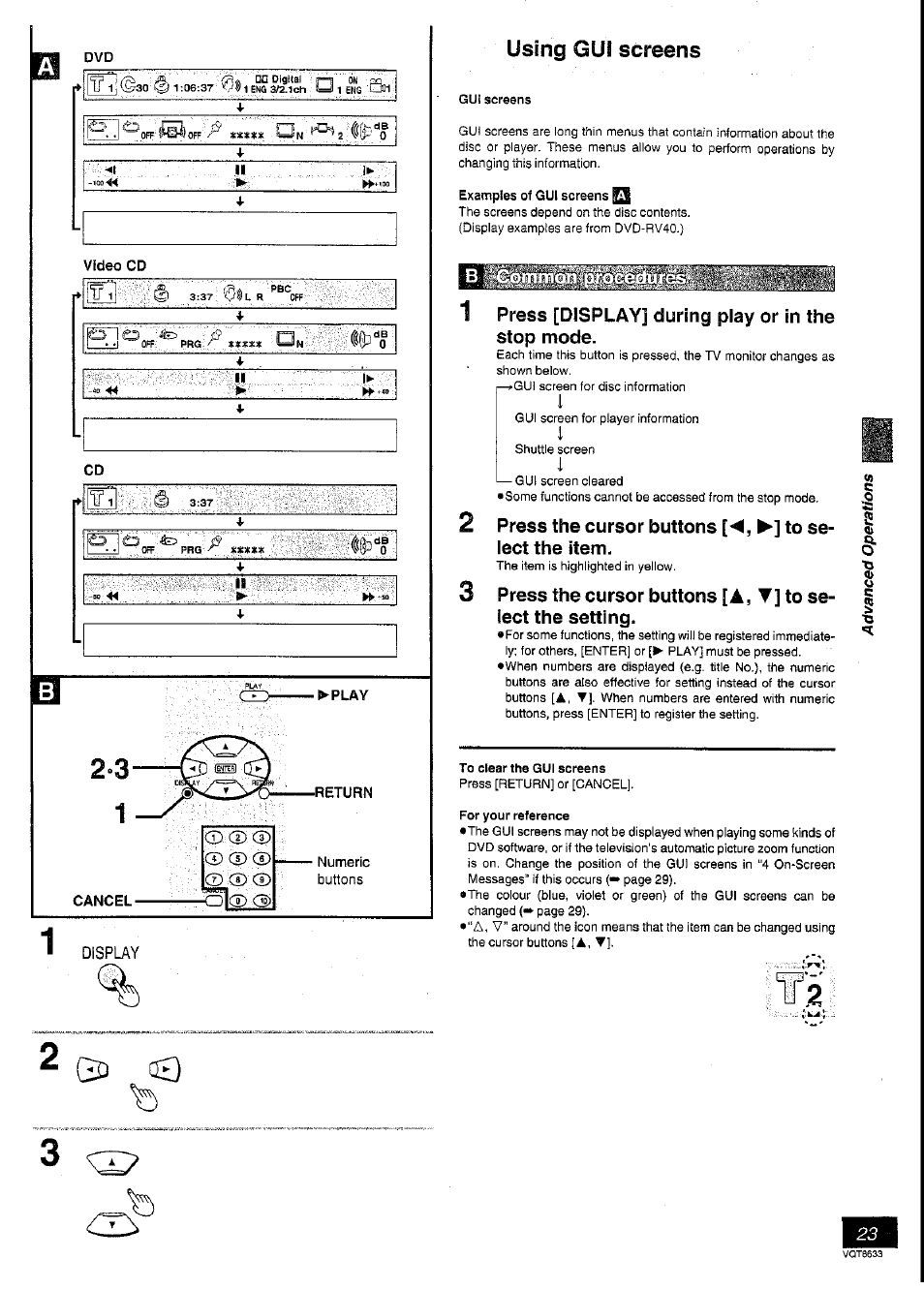 Gui screens, Examples of gui screens, Press [display] during play or in the stop mode | Press the cursor buttons [<, to select the item, Using gui screens | Panasonic DVD-RV40 User Manual | Page 23 / 44