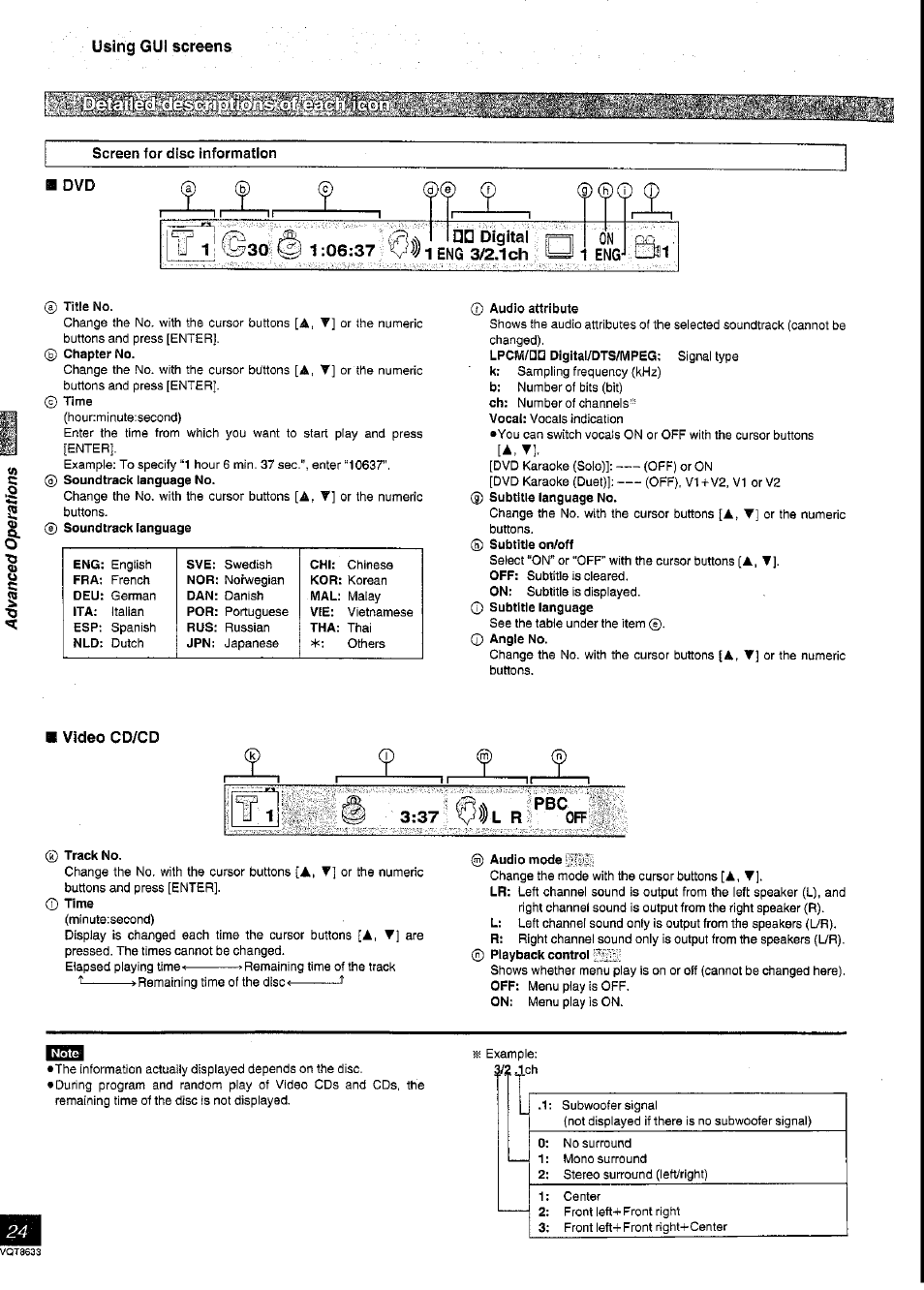 Using gui screens, Screen for disc information, 1eng 3/2.1ch u | Eng-i, Video cd/cd, I—'—i | Panasonic DVD-RV40 User Manual | Page 24 / 44