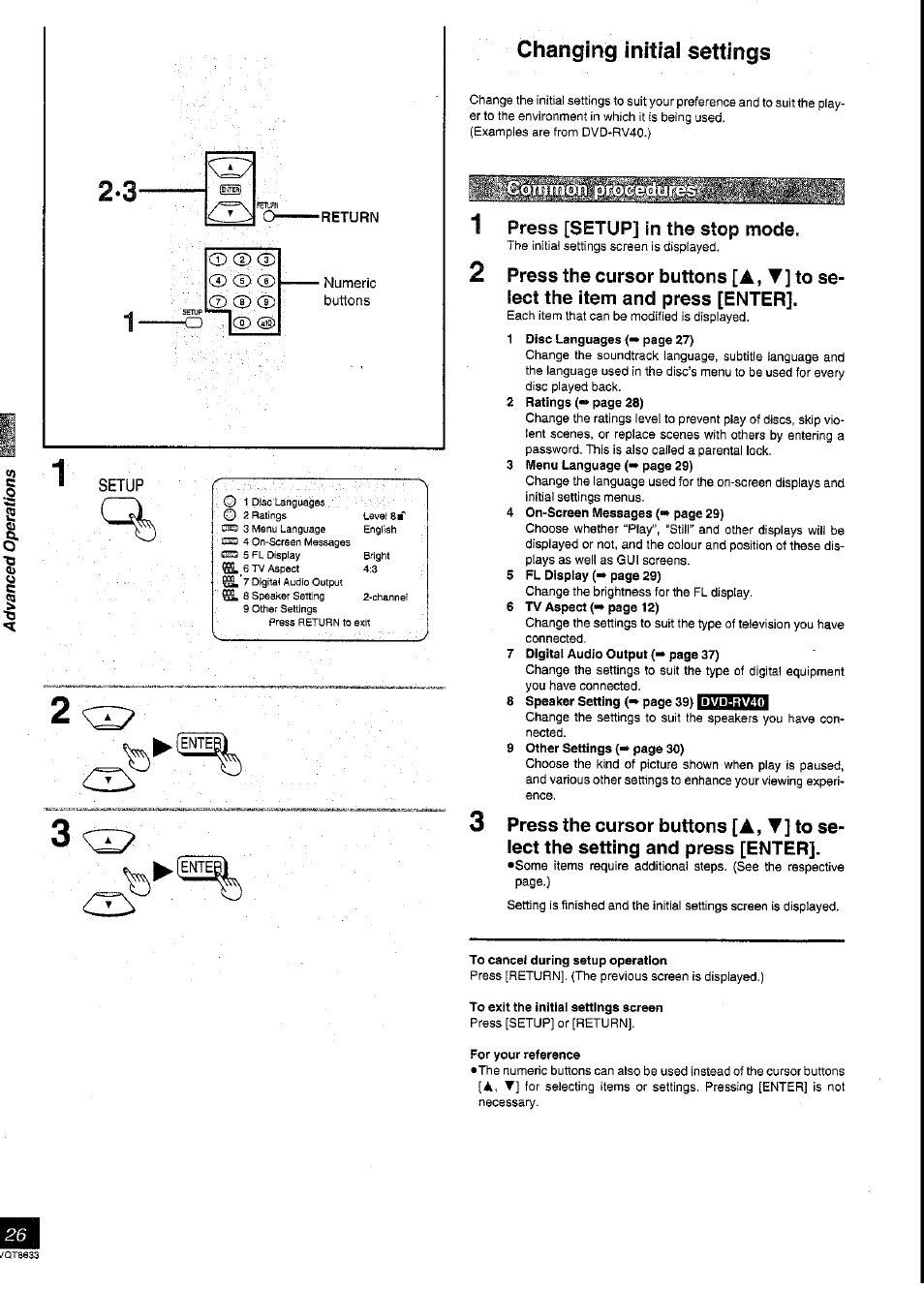 Return, Numeric, Buttons | Press [setup] in the stop mode, Changing initial settings, A, t | Panasonic DVD-RV40 User Manual | Page 26 / 44