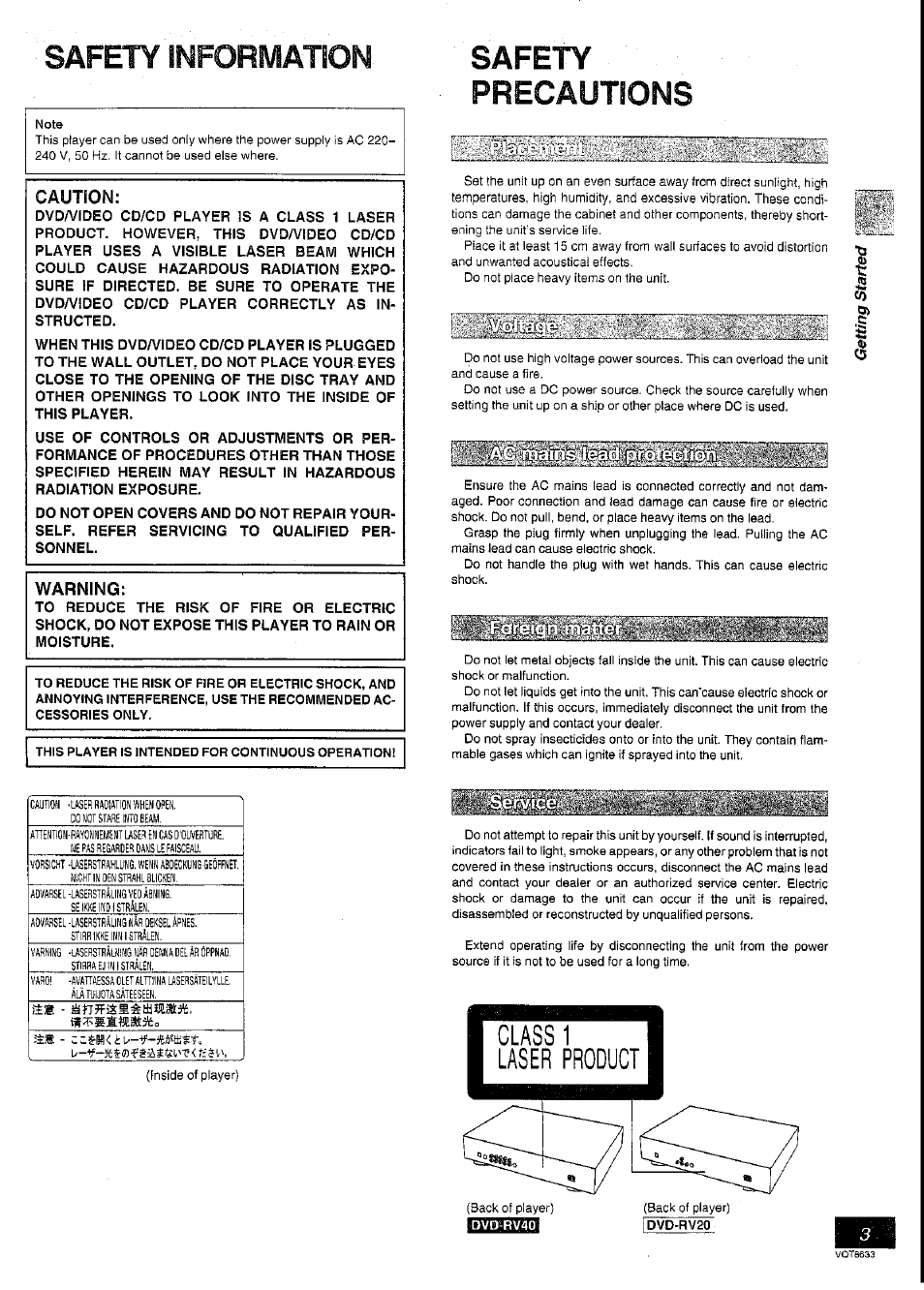 Safety information, Safety precautions | Panasonic DVD-RV40 User Manual | Page 3 / 44