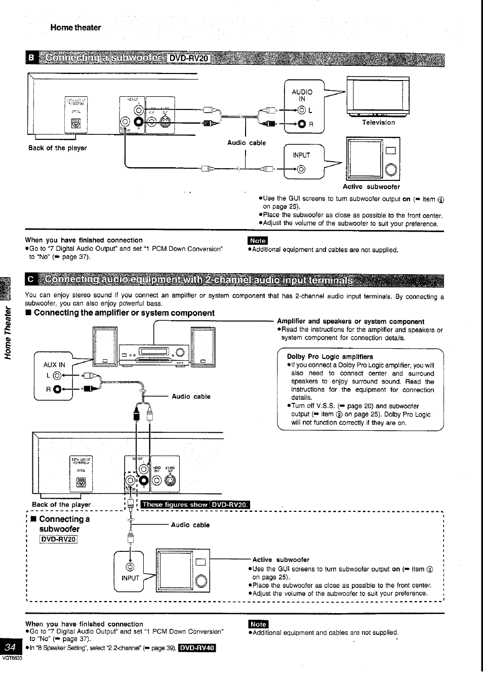 When you have finished connection, Connecting the amplifier or system component, Connecting a subwoofer | Idvd-rv201, Dolby pro logic amplifiers, Audio cable, Active subwoofer | Panasonic DVD-RV40 User Manual | Page 34 / 44