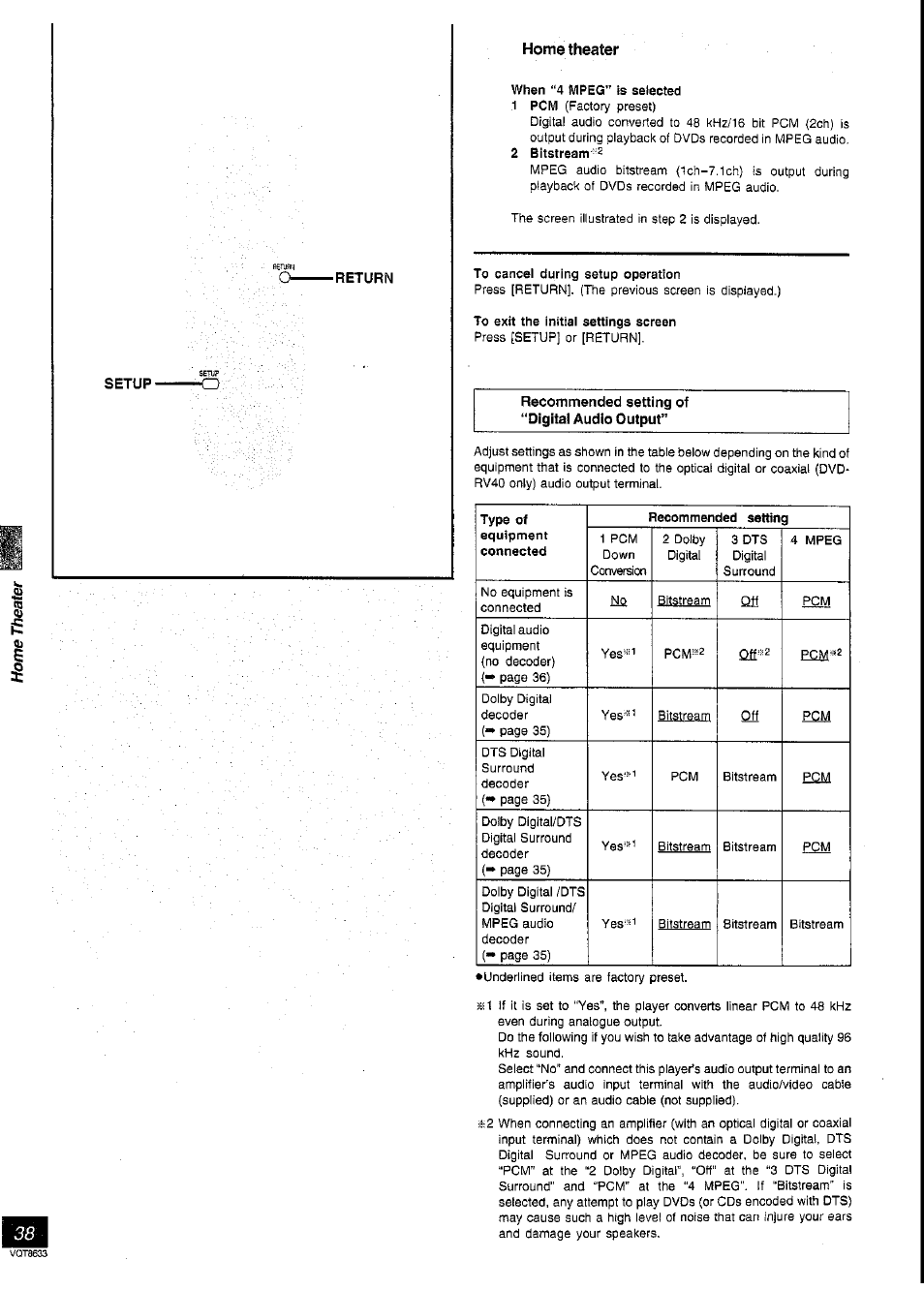 2 bitstream'2, To cancel during setup operation, To exit the initial settings screen | Home theater | Panasonic DVD-RV40 User Manual | Page 38 / 44