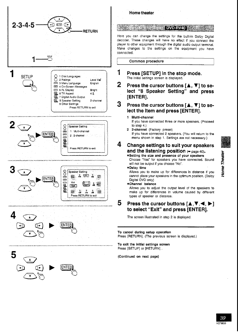 Return, Dvd-rv40, Common procedure | 1 multi-channel, To cancel during setup operation, To exit the initial settings screen, 32 oh) | Panasonic DVD-RV40 User Manual | Page 39 / 44