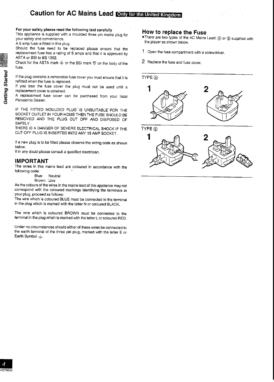 Important, How to replace the fuse, Caution for ac mains lead | Panasonic DVD-RV40 User Manual | Page 4 / 44