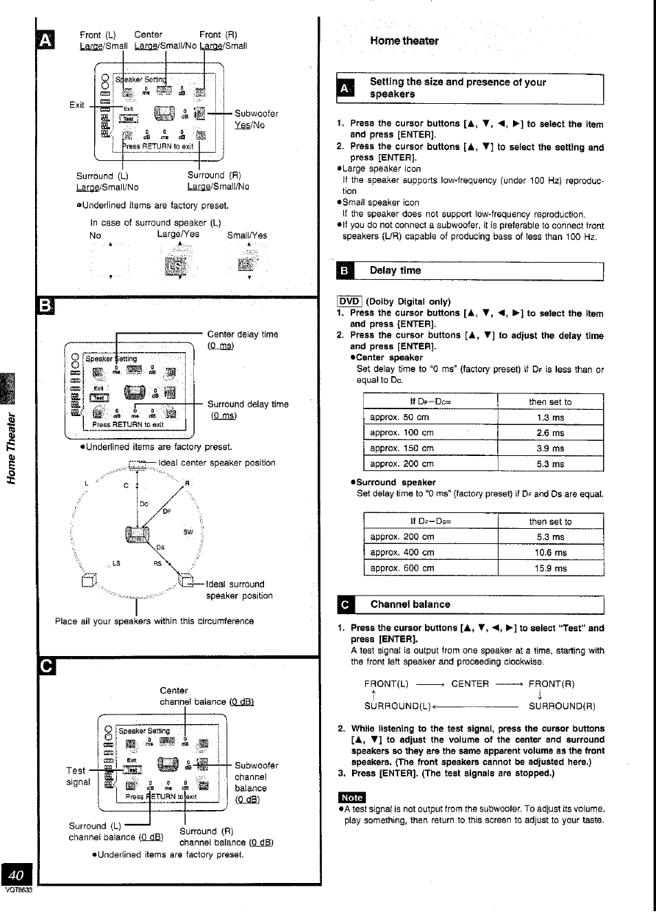 Setting the size and presence of your speakers, Delay time, Channel balance | Home theater | Panasonic DVD-RV40 User Manual | Page 40 / 44