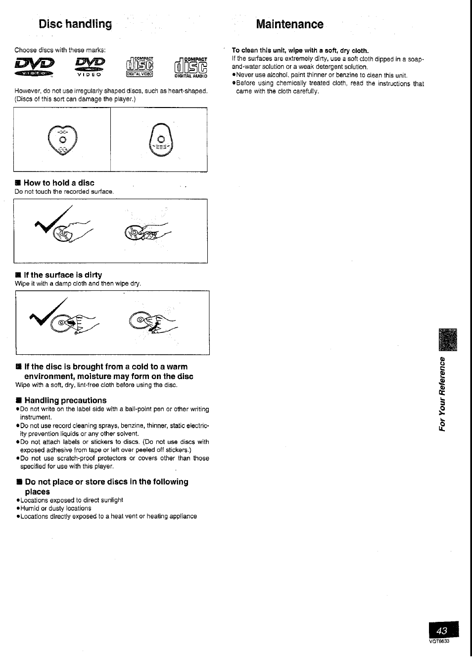 N how to hold a disc, 9 handling precautions, Disc handling maintenance | Panasonic DVD-RV40 User Manual | Page 43 / 44