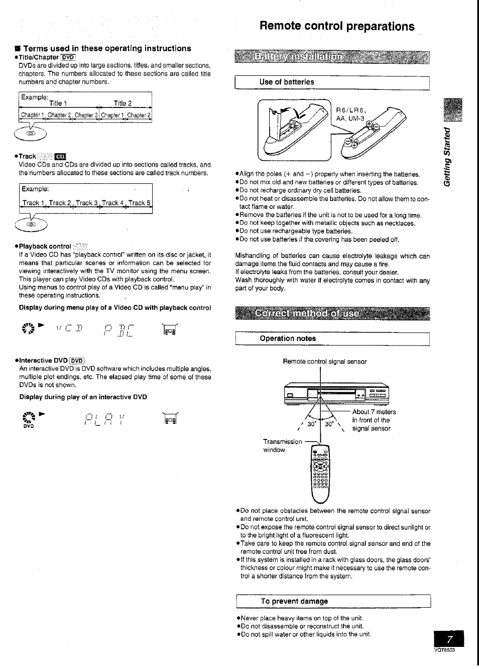 B terms used in these operating instructions, Playback control, Operation notes | Interactive dvd idvdi, To prevent damage, Remote control preparations | Panasonic DVD-RV40 User Manual | Page 7 / 44