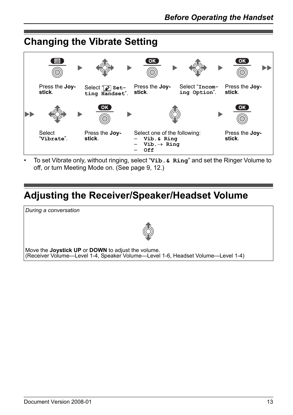 Changing the vibrate setting, Adjusting the receiver/speaker/headset volume, Before operating the handset | Panasonic KX-TD7695 User Manual | Page 13 / 68