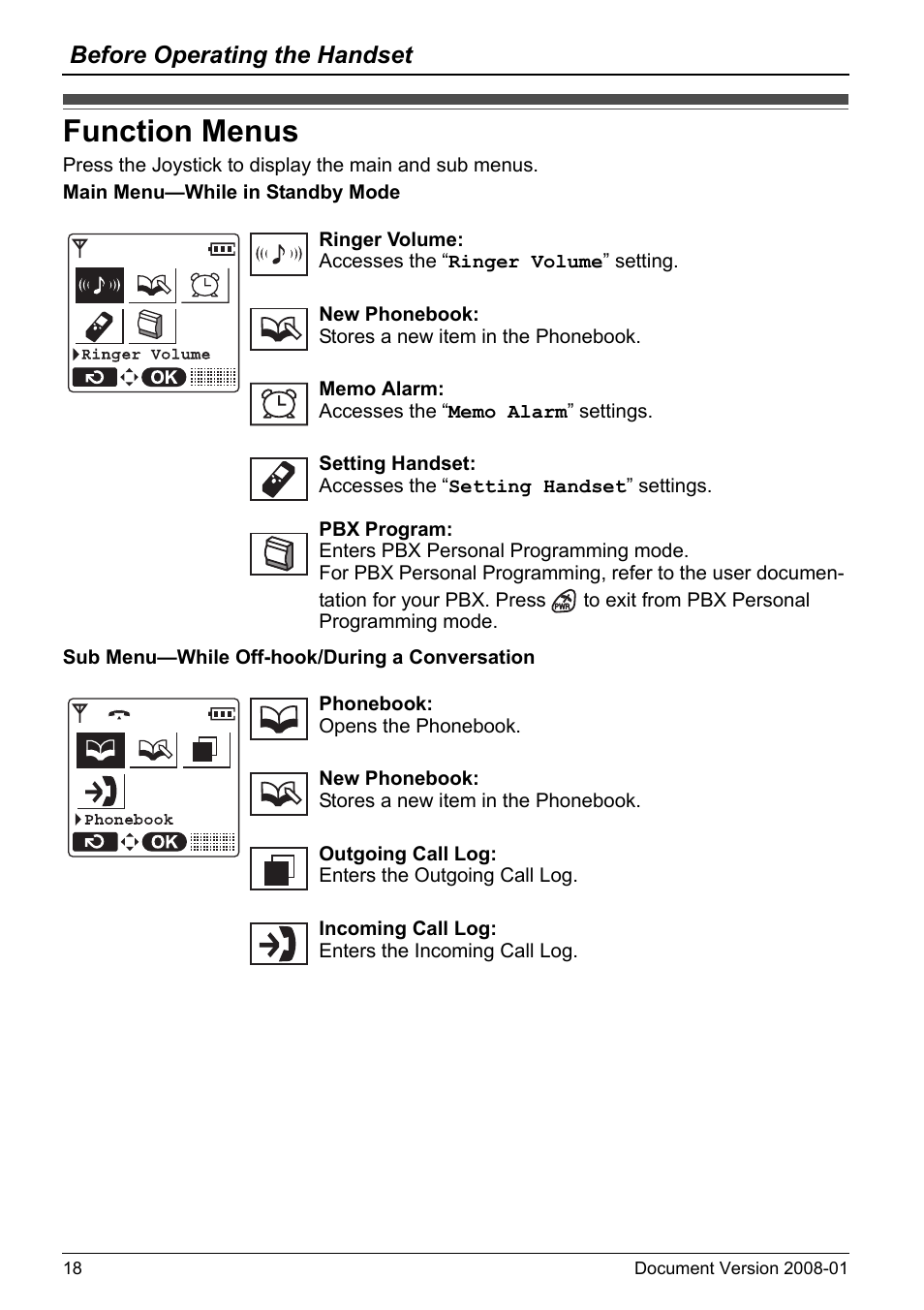 Function menus, Before operating the handset | Panasonic KX-TD7695 User Manual | Page 18 / 68