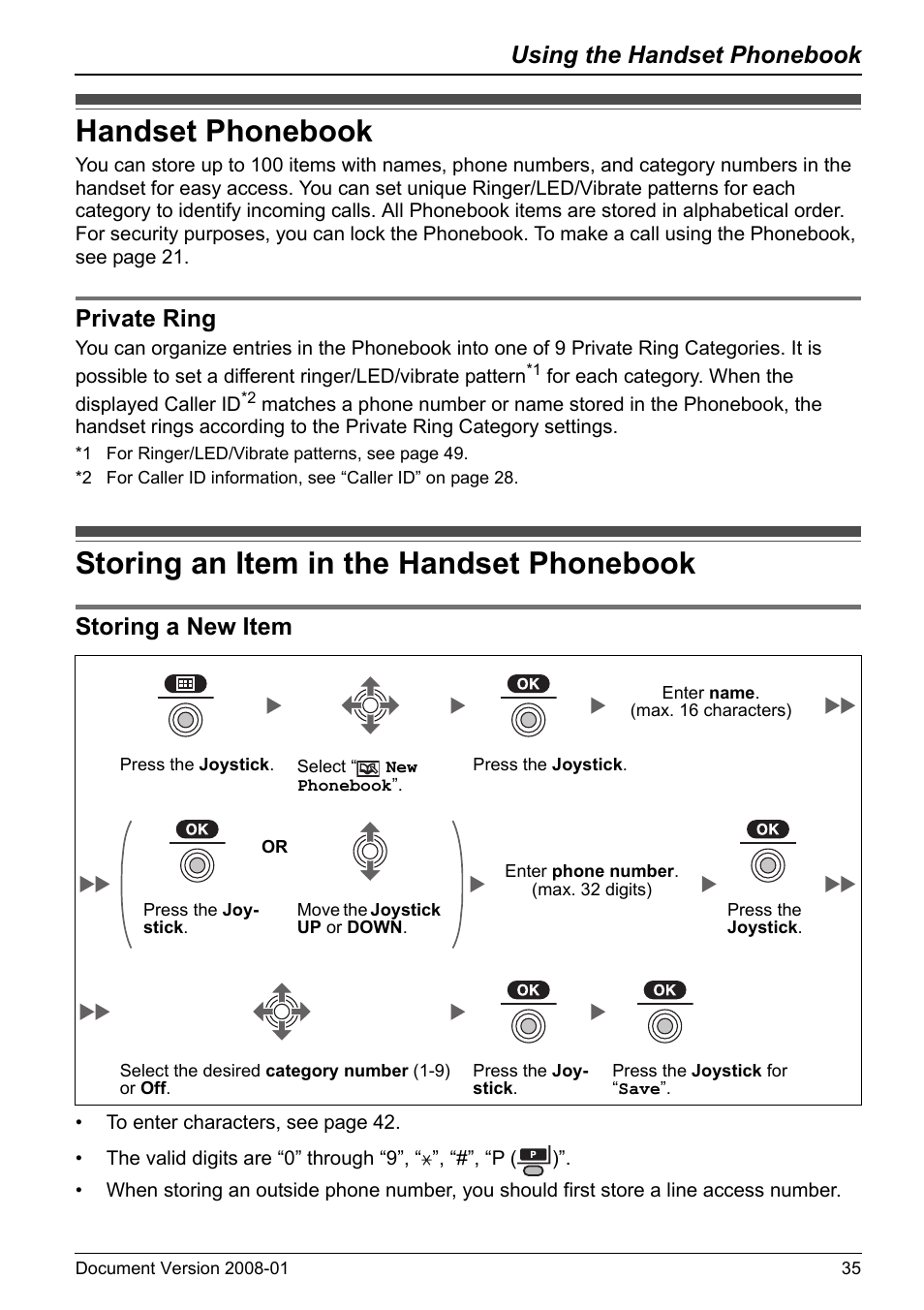 Using the handset phonebook, Handset phonebook, Private ring | Storing an item in the handset phonebook, Storing a new item, Ge 35 | Panasonic KX-TD7695 User Manual | Page 35 / 68