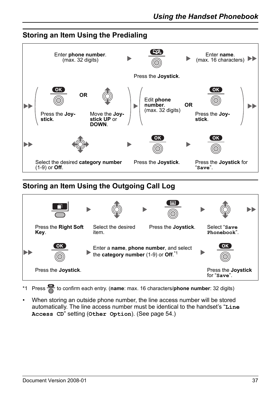 Storing an item using the predialing, Storing an item using the outgoing call log, Using the handset phonebook | Panasonic KX-TD7695 User Manual | Page 37 / 68