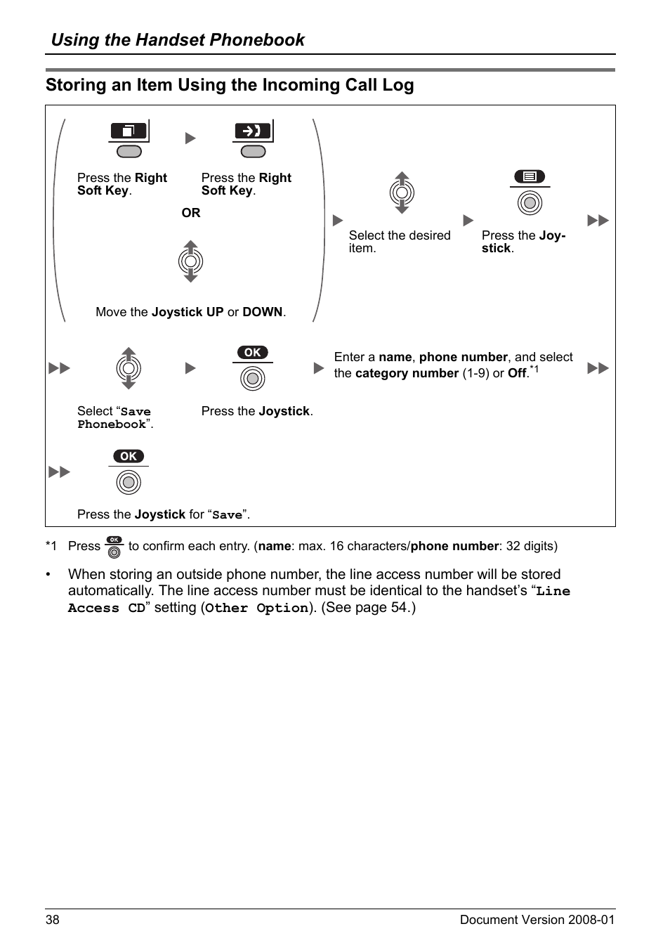 Storing an item using the incoming call log, Using the handset phonebook | Panasonic KX-TD7695 User Manual | Page 38 / 68