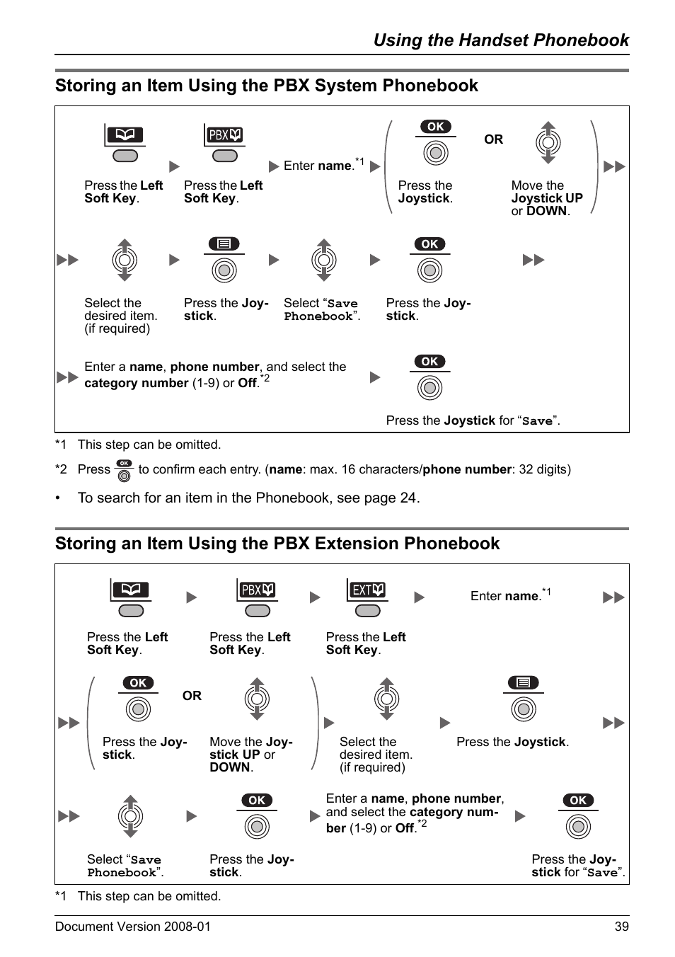 Storing an item using the pbx system phonebook, Storing an item using the pbx extension phonebook, Age 39.) | Using the handset phonebook | Panasonic KX-TD7695 User Manual | Page 39 / 68