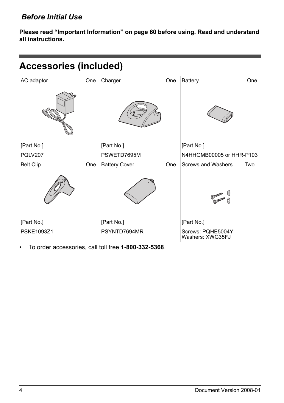 Before initial use, Accessories (included) | Panasonic KX-TD7695 User Manual | Page 4 / 68