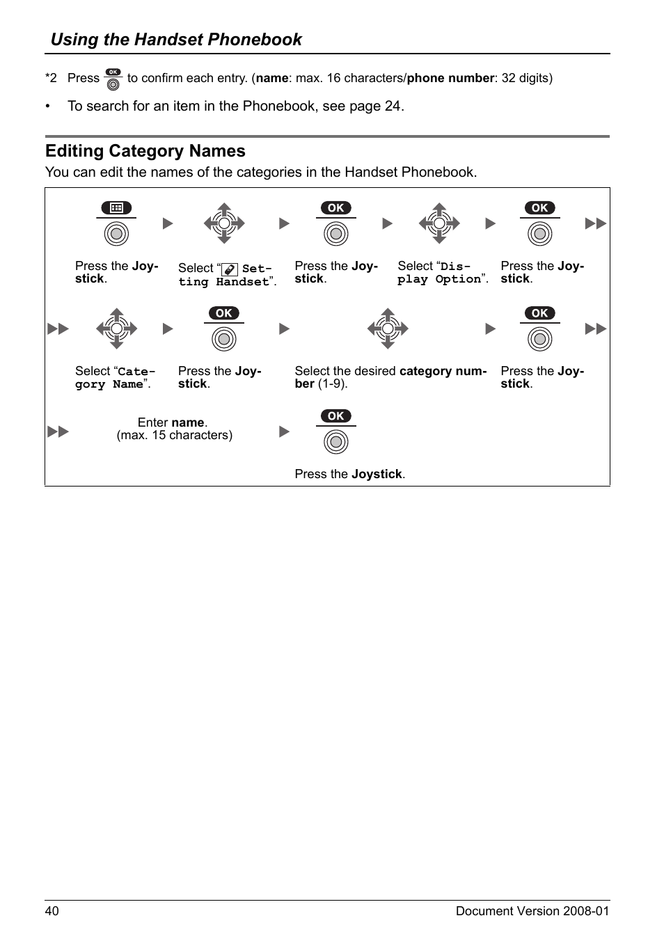 Editing category names, Using the handset phonebook | Panasonic KX-TD7695 User Manual | Page 40 / 68