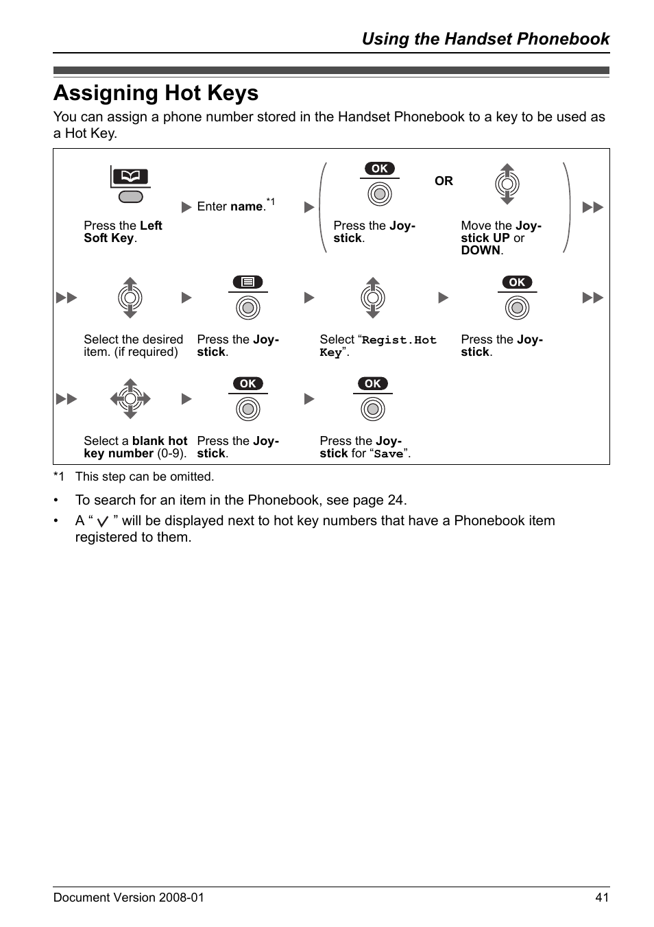 Assigning hot keys, Age 41, Using the handset phonebook | Panasonic KX-TD7695 User Manual | Page 41 / 68