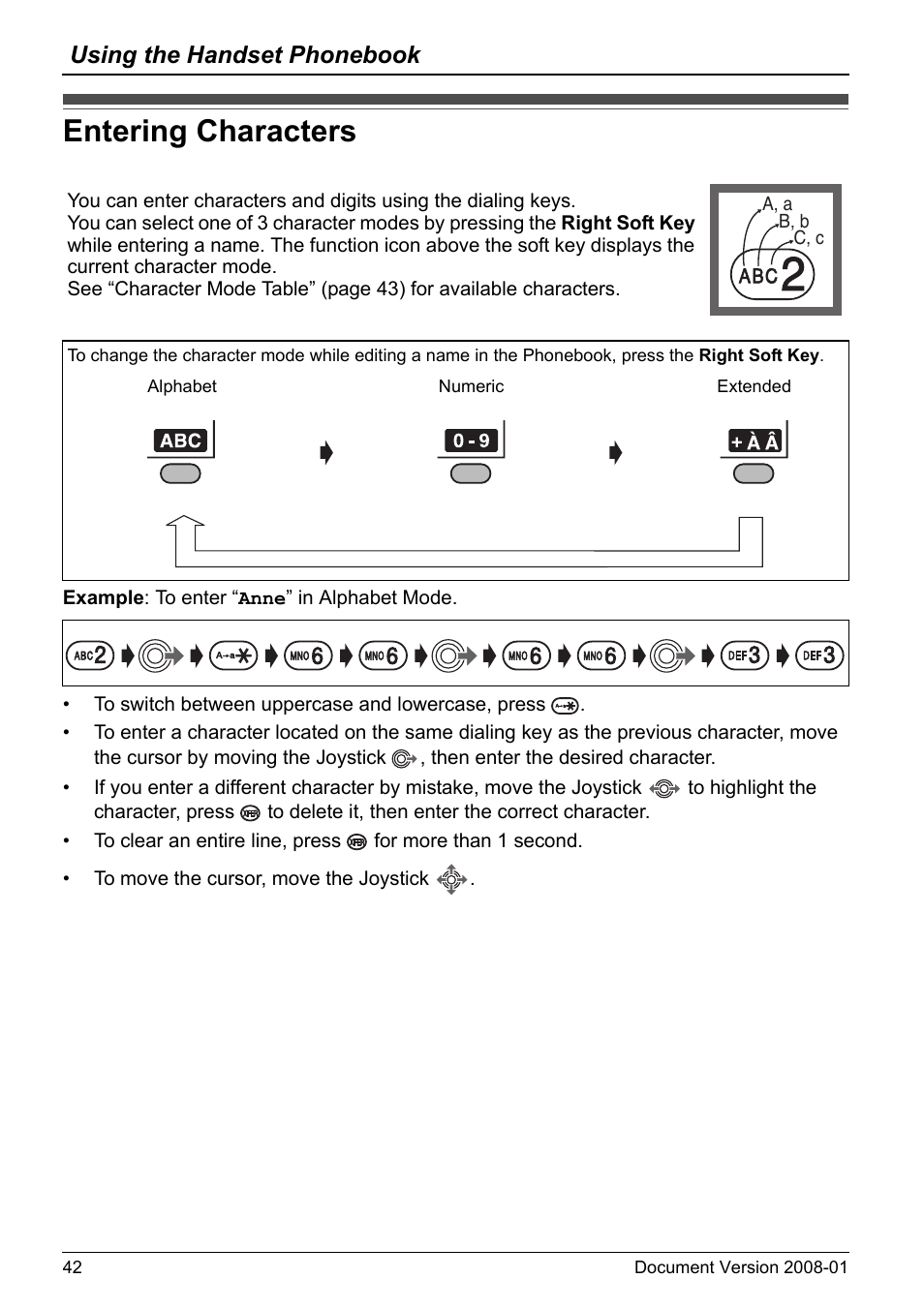 Entering characters, Age 42. t, Age 42 | Using the handset phonebook | Panasonic KX-TD7695 User Manual | Page 42 / 68