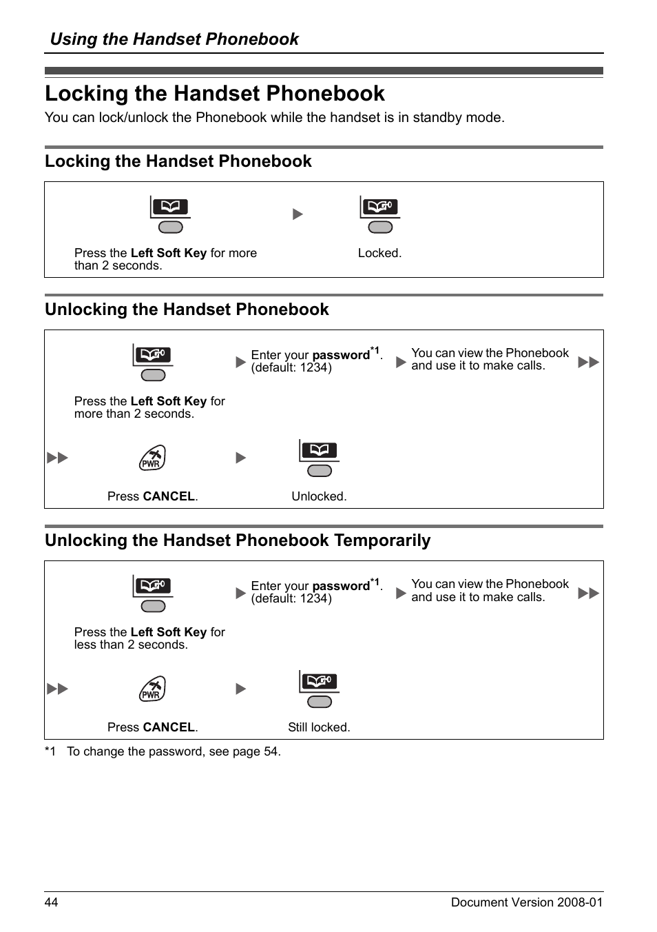 Locking the handset phonebook, Unlocking the handset phonebook, Unlocking the handset phonebook temporarily | Using the handset phonebook | Panasonic KX-TD7695 User Manual | Page 44 / 68