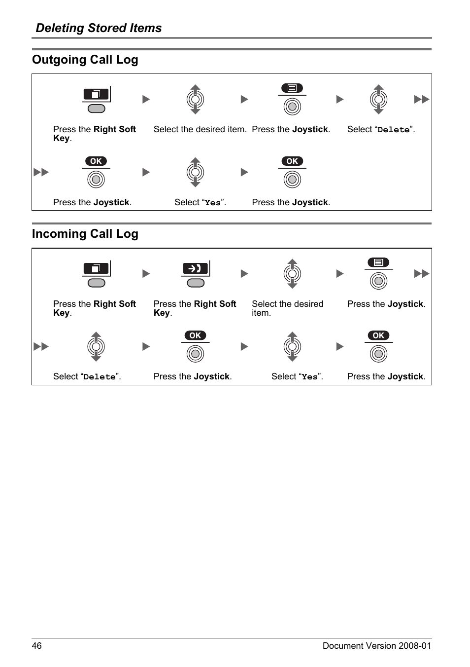 Outgoing call log, Incoming call log, Outgoing call log incoming call log | Deleting stored items | Panasonic KX-TD7695 User Manual | Page 46 / 68