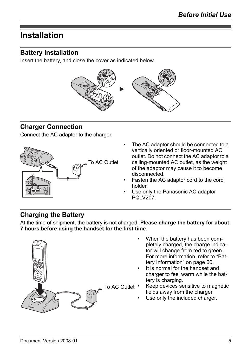 Installation, Battery installation, Charger connection | Charging the battery, Before initial use, Battery installation charger connection | Panasonic KX-TD7695 User Manual | Page 5 / 68