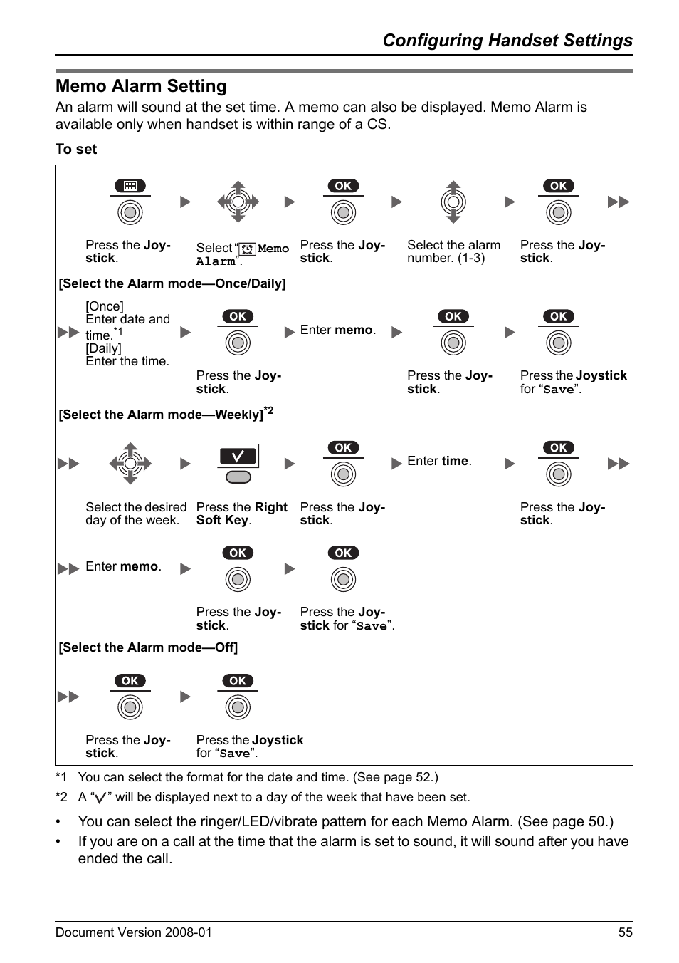 Memo alarm setting, Configuring handset settings | Panasonic KX-TD7695 User Manual | Page 55 / 68