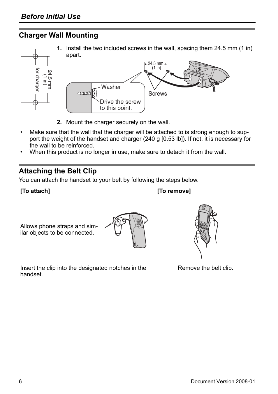 Charger wall mounting, Attaching the belt clip, Charger wall mounting attaching the belt clip | Before initial use | Panasonic KX-TD7695 User Manual | Page 6 / 68