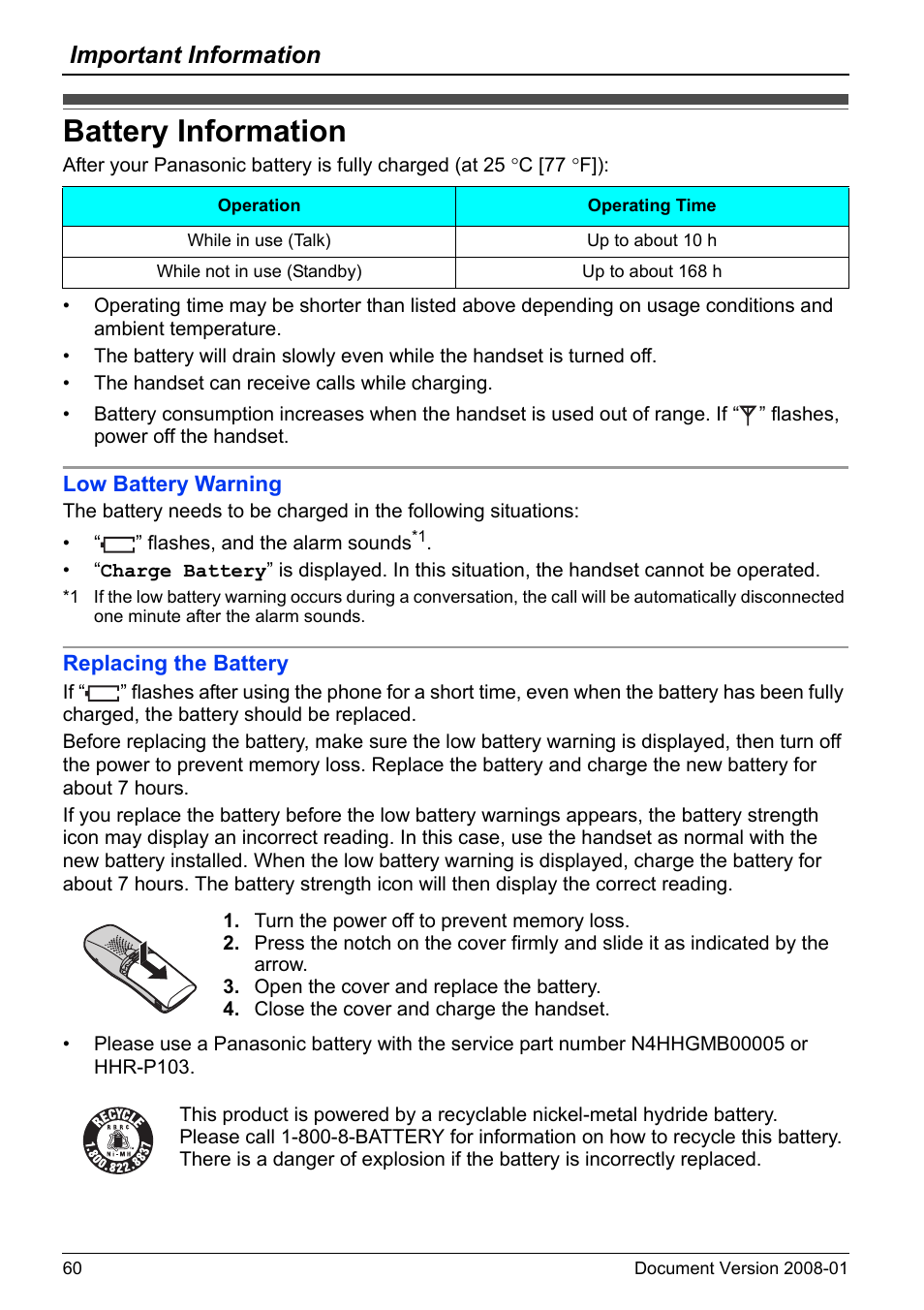 Important information, Battery information, To “bat | Tery information | Panasonic KX-TD7695 User Manual | Page 60 / 68
