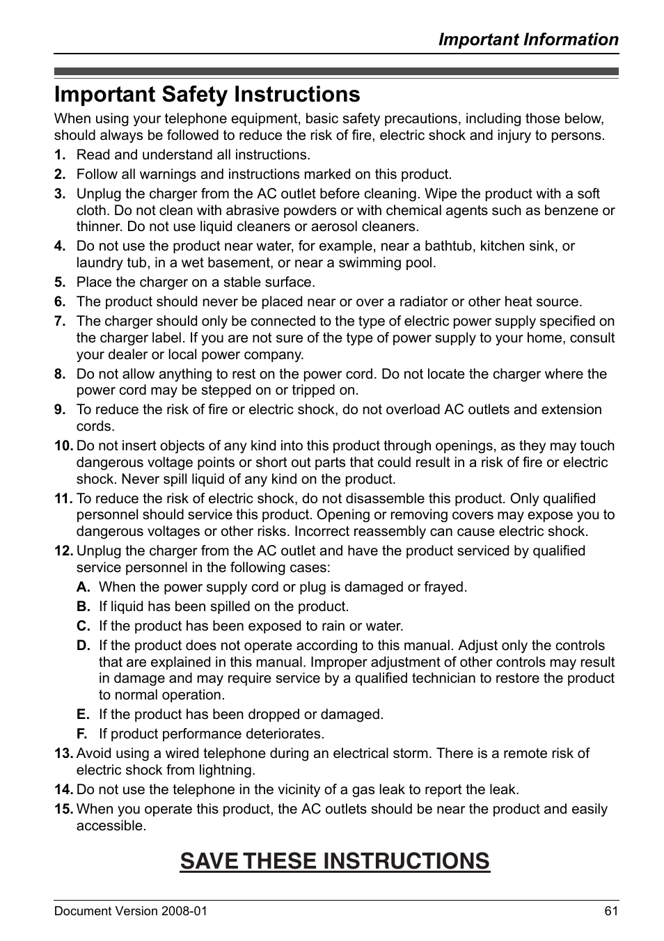 Important safety instructions, Save these instructions, Important information | Panasonic KX-TD7695 User Manual | Page 61 / 68