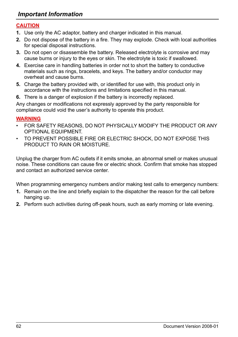 Important information | Panasonic KX-TD7695 User Manual | Page 62 / 68