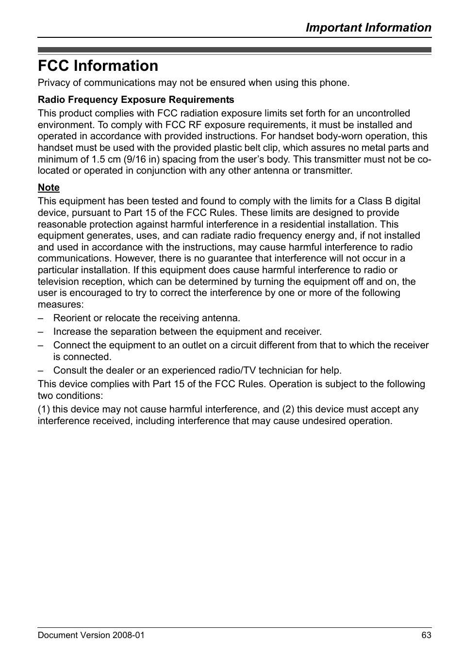 Fcc information, Important information | Panasonic KX-TD7695 User Manual | Page 63 / 68