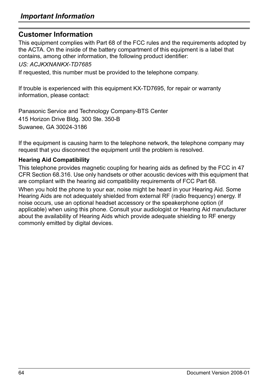 Customer information, Important information | Panasonic KX-TD7695 User Manual | Page 64 / 68