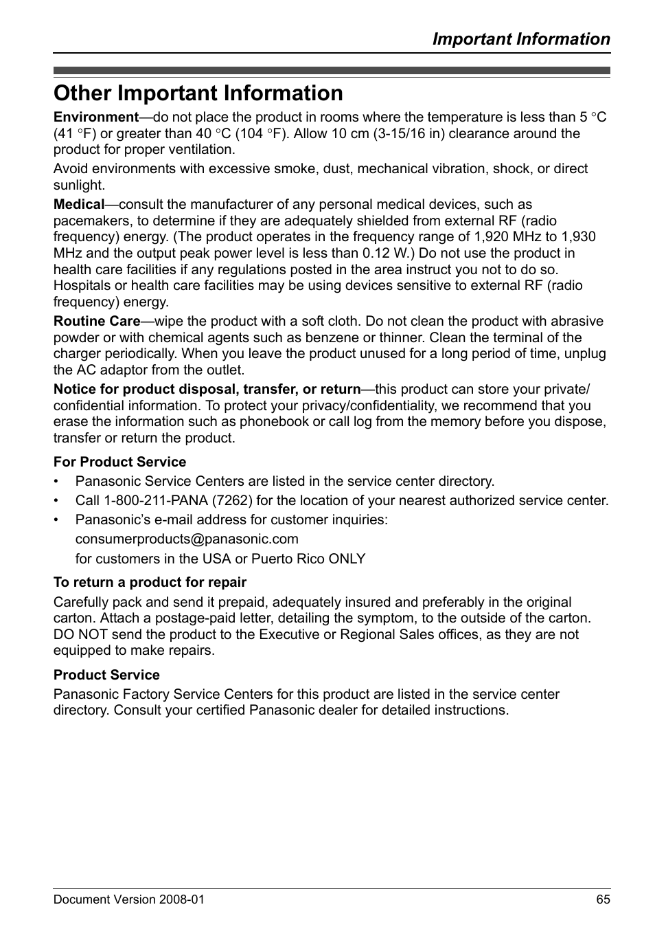 Other important information, Important information | Panasonic KX-TD7695 User Manual | Page 65 / 68