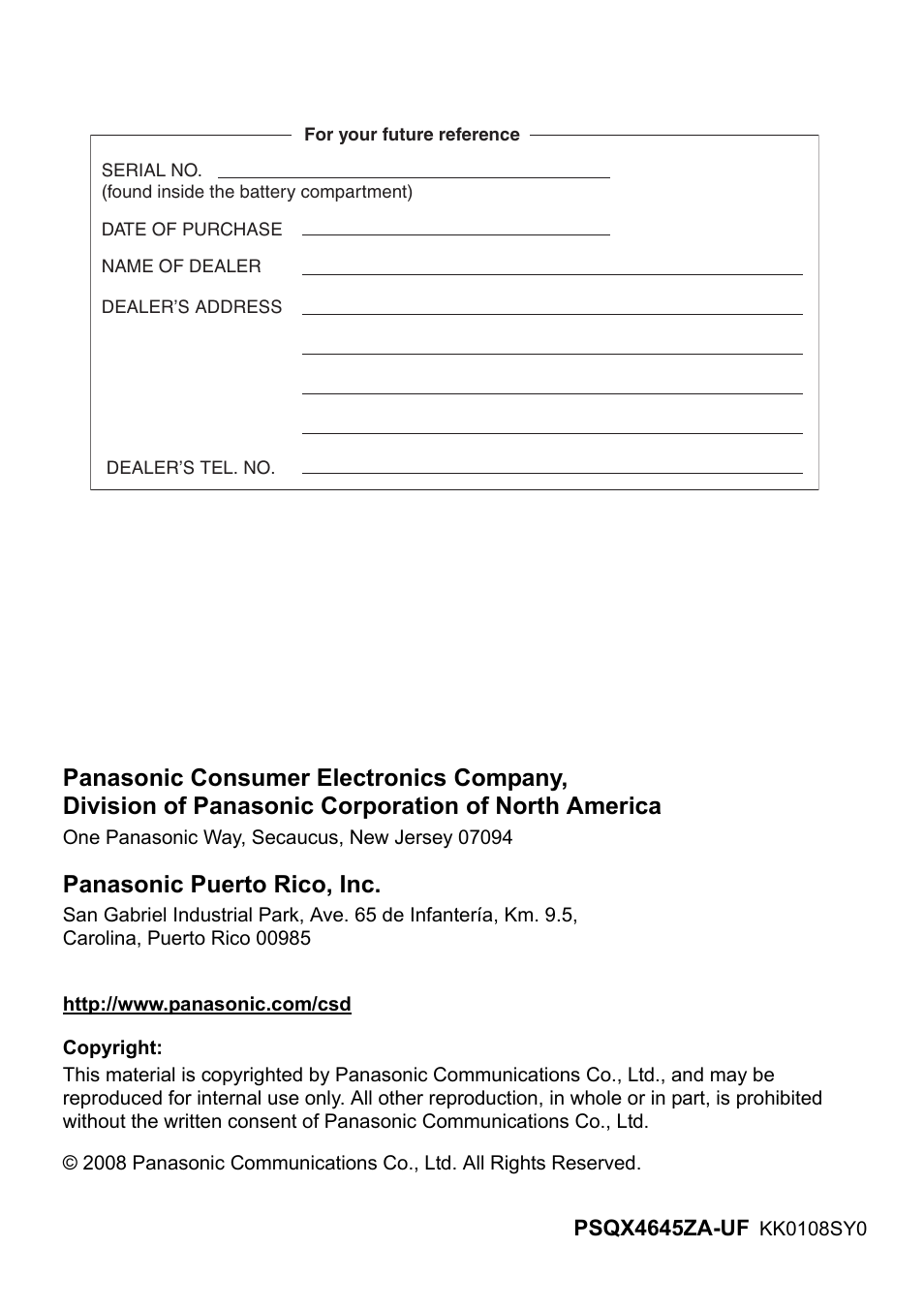 Panasonic puerto rico, inc | Panasonic KX-TD7695 User Manual | Page 68 / 68