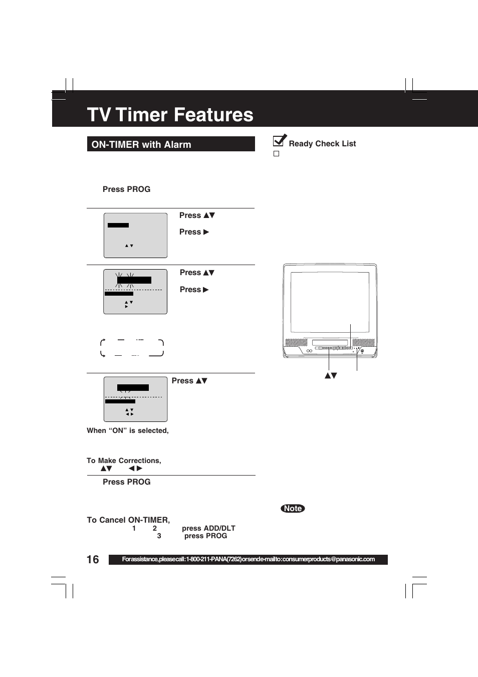 Tv timer features, On-timer with alarm | Panasonic PV-C2033WA User Manual | Page 16 / 40